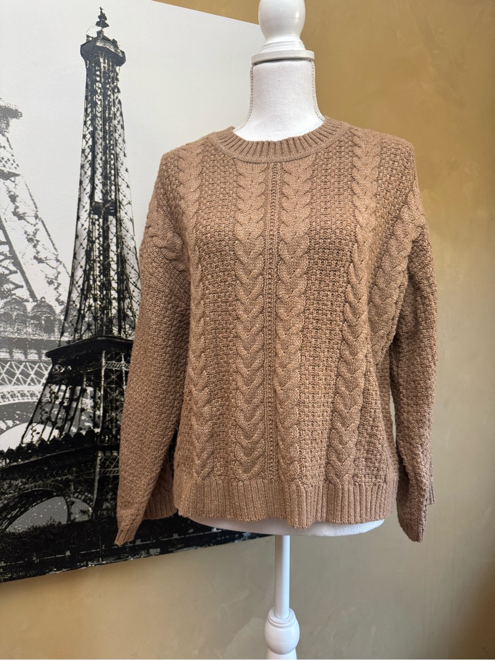 Tahari Cable Knit Crewneck Sweater - Camel